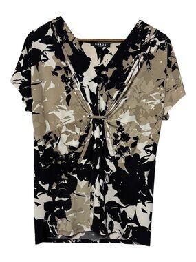 Chaus Womens Abstract Floral V-Neck Gathered Front Top Size Large Short Sleeve